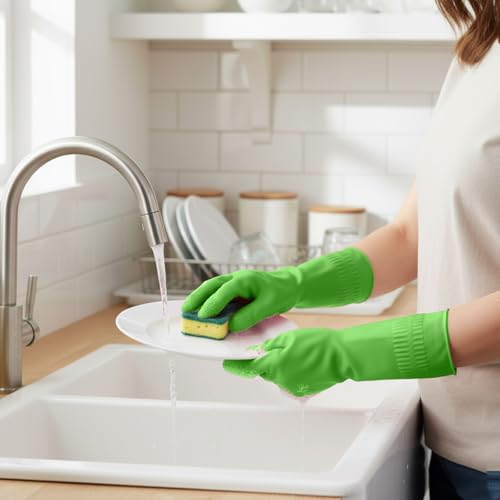 1 Pairs Household Rubber Cleaning Gloves, Long Cuff Dishwashing Gloves with Non-Slip Grip for Kitchen, Bathroom - color: Green, size: Small