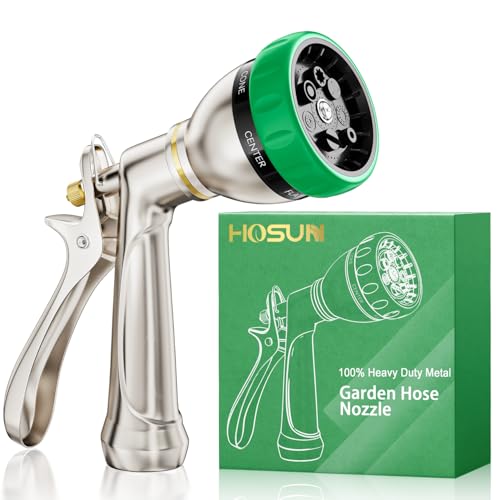 HOSUN 100% Metal Heavy Duty Garden Hose Nozzle Sprayer | 7 Spray Patterns, Lockable Rear Trigger, High Pressure for Plant Watering, Lawn Care, Car Washing & Pet Bathing