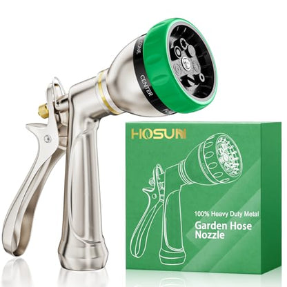 HOSUN 100% Metal Heavy Duty Garden Hose Nozzle Sprayer | 7 Spray Patterns, Lockable Rear Trigger, High Pressure for Plant Watering, Lawn Care, Car Washing & Pet Bathing