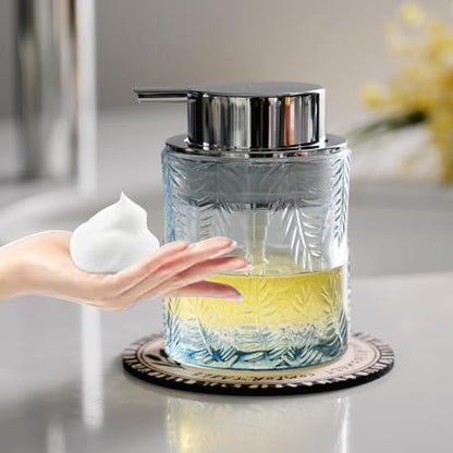 CICUFY Glass Foam Soap Dispenser for Kitchen & Bathroom - Refillable Liquid Soap Dispenser with Large Silver Pump (Leaf Pattern-Blue) - color: Blue, style: Foam/Leaf Pattern