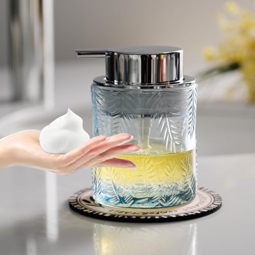 CICUFY Glass Foam Soap Dispenser for Kitchen & Bathroom - Refillable Liquid Soap Dispenser with Large Silver Pump (Leaf Pattern-Blue) - color: Blue, style: Foam/Leaf Pattern