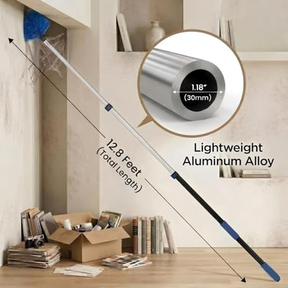 20ft High Ceiling Duster Kits with 5-12ft Heavy Duty Extension Pole - Fan Blade Cleaner, Cobweb Remover & Blue Window Squeegee Kit, Washable Dust Brush for High Roof and Glass Surfaces - size: 12FT
