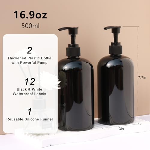 Soap Dispenser with Waterproof Labels, Thickened Plastic Hand Soap Dispenser for Bathroom, Kitchen Dish Washing Liquid Bottles, Shampoo and Conditioner Bottles (16.9 oz, Set of 2, Black) - color: Black