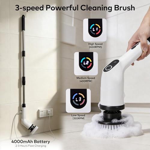 Electric Spin Scrubber, Cordless Cleaning Brush with 7 Replaceable Brush Heads, IPX7 Waterproof Power Scrubber 3 Adjustable Sizes & 3 Speeds for Bathroom Bathtub Kitchen Car Tile Cleaning