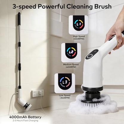 Electric Spin Scrubber, Cordless Cleaning Brush with 7 Replaceable Brush Heads, IPX7 Waterproof Power Scrubber 3 Adjustable Sizes & 3 Speeds for Bathroom Bathtub Kitchen Car Tile Cleaning