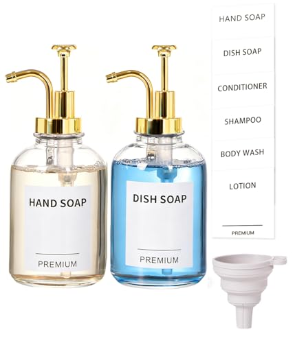 12oz Dish Soap Dispenser for Kitchen, Hand Glass Soap Dispenser Set with Pump, Tray, Funnel for Bathroom, Shower, Laundry, Liquid, Lotion (Gold 2 Pack Clear Bottles with 12 Stickers) - color: Gold, size: 12Oz