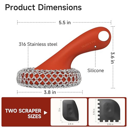 SUBEKYU Cast Iron Scrubber with Silicone Handle, Stainless Steel Skillet Cleaner for Cast Iron Pans (Red Scrubber + Scraper) - color: Red Scrubber + Scraper