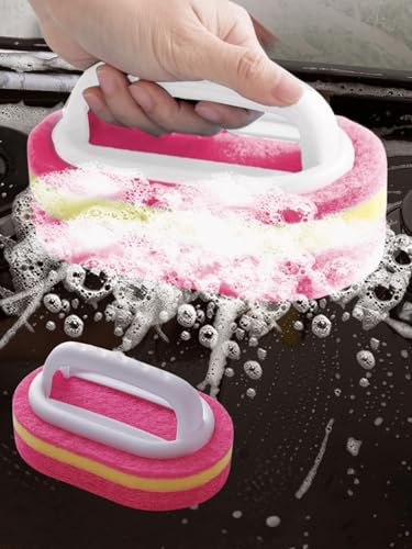 Ergonomic Long Handle Sponge Brush Set Durable Scouring 3 Pack Pad Shower Scrubber for Bathroom Bathtub Tile Grout Kitchen Sink Pot Cleaning Tool Non Scratch Heavy Duty Wand (Hot Pink) - color: Hot Pink