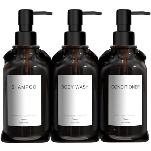 Modern Shampoo and Conditioner Dispenser - Shower Soap Dispenser Wall Mounted - 3-Pack 16 oz Plastic Amber Bottles with Black Pumps - Stylish Shampoo Dispenser, Shower Dispenser 3 Chamber No Drill - color: Amber