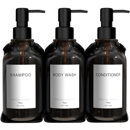 Modern Shampoo and Conditioner Dispenser - Shower Soap Dispenser Wall Mounted - 3-Pack 16 oz Plastic Amber Bottles with Black Pumps - Stylish Shampoo Dispenser, Shower Dispenser 3 Chamber No Drill - color: Amber