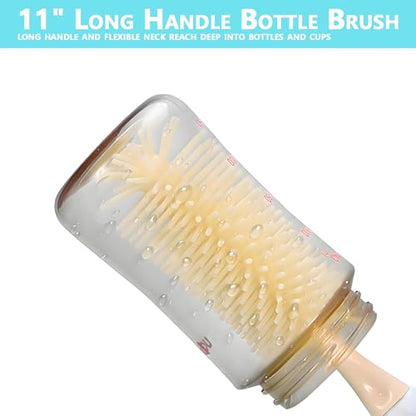Baby Bottle Brush Set 3-in-1, Silicone Bottle Brush with Wall Mount Holder, 11" Long Handle Bottle Brush + Nipple Brush + Straw Brush Cleaner for Baby Bottles, Cups, Straws – BPA Free (Blue) - color: Navy Blue
