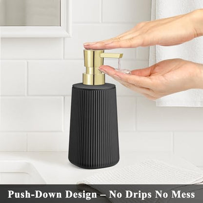 Black and Gold 2 Pack Hand Soap Dispensers Set with No Rust Pump for Bathroom and Kitchen Countertops Refillable Matte Striped Plastic 8.5 oz - color: Black and Gold Set of 2