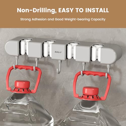 2Pcs Broom Holder Wall Mount, No-Drilling Self-Adhesive Mop and Broom Storage Rack with Hooks (4 Racks with 5 Hooks), Wall-Mounted Broom Hanger for Bathroom, Kitchen, Closet, Garage (Grey) - color: Grey