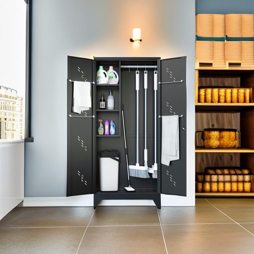 Metal Storage Cabinet, 75" Cleaning Tool Cabinet with Locking Door, Tall Storage Sheds Tool Organizer, Large Broom Cabinet for Bathroom, Laundry Room, Kitchen, Pantry, and Humid Environments - size: 75" Cabinet