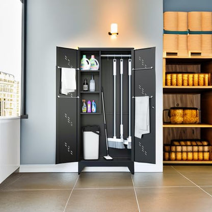 Metal Storage Cabinet, 75" Cleaning Tool Cabinet with Locking Door, Tall Storage Sheds Tool Organizer, Large Broom Cabinet for Bathroom, Laundry Room, Kitchen, Pantry, and Humid Environments - size: 75" Cabinet