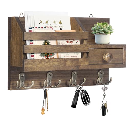 Key Holder Wall Mount, Wooden Adhesive Mail and Key Organizer with Drawer, Small Shelf, 8 Hooks, 2 Installation Methods, Brown - color: Brown