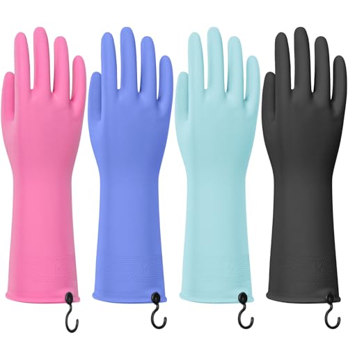 4 Pairs Rubber Dishwashing Gloves with Hanging Hooks - Reusable Cleaning Gloves for Kitchen & Household, Non-Slip, Durable and Flexible (Large, 4 Colors: Black, Pink, Blue, Purple) - size: Large