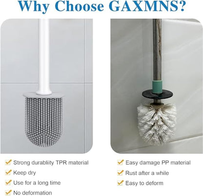 Silicone Toilet Brush and Holder Bendable Efficient Cleaning Wall Mounted Toilet Bowl Brush with Long Handle Brush Head and Silicone Bristles No Rusty Handles Problem (White) - color: White