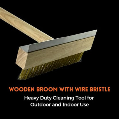 Premium Wooden Broom with Wire Bristle - Heavy Duty Cleaning Tool for Outdoor and Indoor Use, Perfect for Patio, Garage, and Kitchen