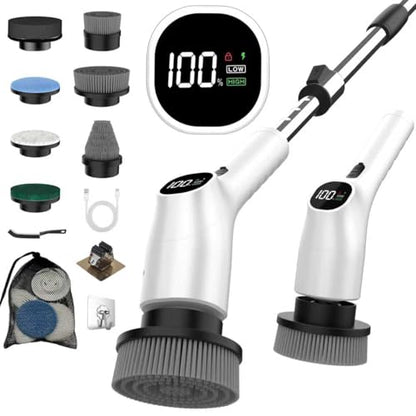 WKY-Electric Spin Scrubber - 10-in-1 Cordless Shower Scrubber & Cleaning Brush with Extendable Handle, 42 in-lbs Ultra High Torque, 2 Speeds, IPX7, LED Display, Smart AI Chip, for Bathroom, Kitchen