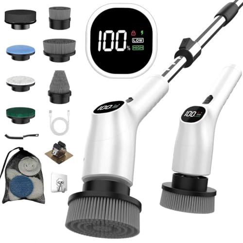 WKY-Electric Spin Scrubber - 10-in-1 Cordless Shower Scrubber & Cleaning Brush with Extendable Handle, 42 in-lbs Ultra High Torque, 2 Speeds, IPX7, LED Display, Smart AI Chip, for Bathroom, Kitchen
