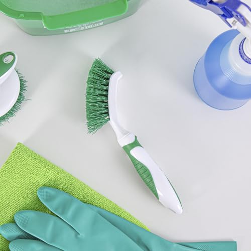 Restaurantware Grout Brush 10 Pack of 9 Tile Scrubbing Brush Stiff Bristle Ergonomic Handle Angled Head Narrow Design Green and White Plastic Cleaning Tool