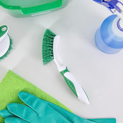 Restaurantware Grout Brush 10 Pack of 9 Tile Scrubbing Brush Stiff Bristle Ergonomic Handle Angled Head Narrow Design Green and White Plastic Cleaning Tool