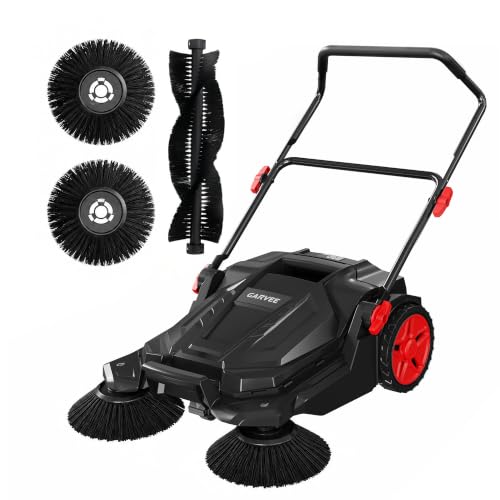 Garvee Walk-Behind Outdoor Hand Push Floor Sweeper, 25.6 in Sweeping Width Manual Push Floor Sweeper, with 5-Gallon Dust Container, Adjustable Folding Handle for Garage Patio Yard Driveway