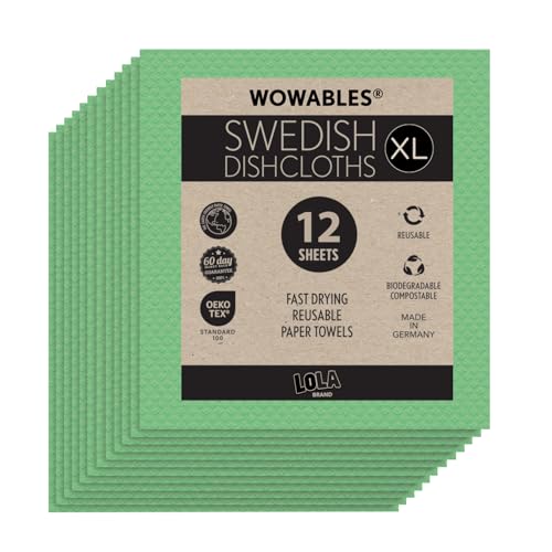 Swedish Dishcloths for Kitchen XL, 12 Sheet Roll, Biodegradable & Compostable, Reusable Paper Towel Cleaning Cloths, 11" x 10", No Odor, Washing Dishes, Ultra Absorbent Cellulose Sponge Towel, By LOLA - color: Mint Green, size: 12 Sheets