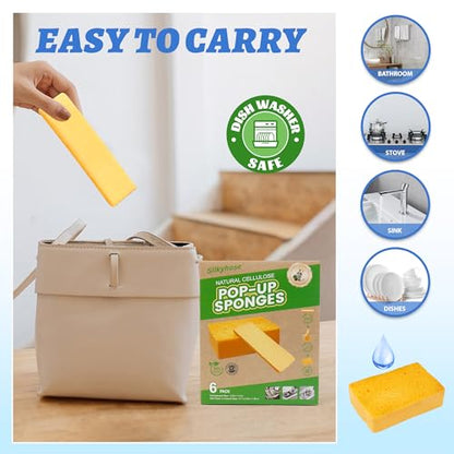 6 Pack Pop-Up Cellulose Sponges | Large Thick & Tear-Resistant | Biodegradable Compressed Sponges for Kitchen, Dishes, Car | Super Absorbent & Long-Lasting