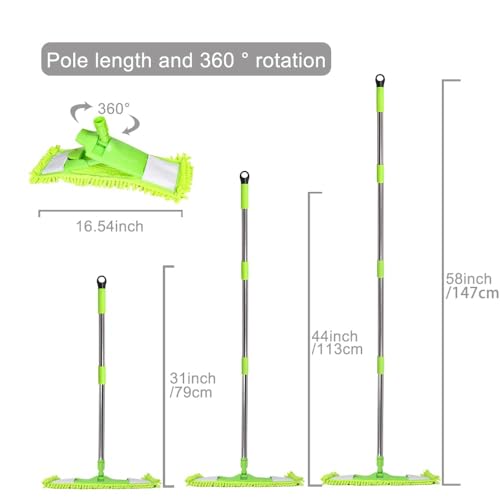 Dust Mop for Floor Cleaning with 2 Washable Chenille Pads and Extendable 58” Long Handle, Dry Wet Flat Mop with Scouring Pad for Hardwood, Laminate, Tile, Marble (Green) - color: Green