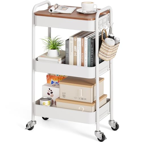 TOOLF 3-Tier Rolling Cart with Table Top, Metal Storage Cart on Wheels, Utility Organizer with Wooden Tray, Lockable Casters, Easy Assembly for Bathroom, Living Room, Office, Kitchen, White - color: White