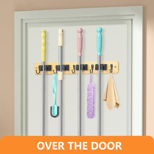 IMILLET Mop and Broom Holder Wall Mount, Bamboo Broom Hanger with 4 Racks and 5 Hooks, Laundry Room Decor, Self Adhesive Over the Door Broom Organizer, Wall Organizer for Home Garage Closet (1 Pack) - style: Bamboo-4 Slots