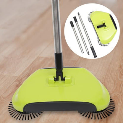Manual Push Floor Sweeper Broom, Hand Push Sweeper with Enclosed Dustpan Bin, 3‑in‑1 360° Rotating Floor Cleaning Brush Mop Machine Adjustable Handle Vacuum‑Free for Tile Hardwood Carpet Green