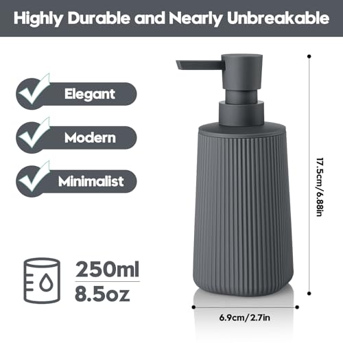Small Soap Dispenser for Bathroom and Kitchen, Modern Farmhouse Striped Style Plastic Hand Soap Dish Soap Dispenser with Pump Matte Dark Gray - color: Charcoal Gray