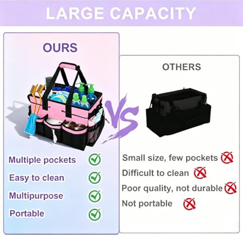 Wearable Cleaning Caddy Organizer with Handle & Adjustable Shoulder Strap 4 Foldable Compartments, Cleaning Supplies Caddy for Housekeepers, Car, Home, Hotel & Outdoor Cleaning Bag（Pink）