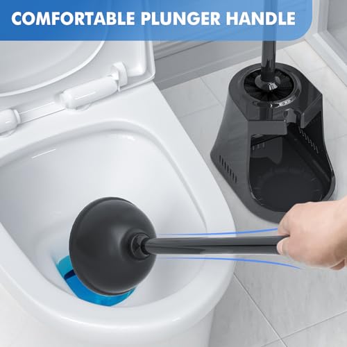 LOVLOY Toilet Plunger and Brush, Bowl Brush and Heavy Duty Toilet Plunger Set with Ventilated Holder, 2-in-1 Toilet Brush and Plunger Combo for Bathroom Cleaning (2, Black) - color: Black