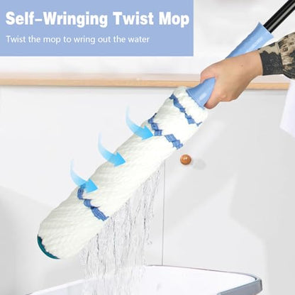Self-Wringing Twist Mop for Floor Cleaning, 57” Long Handle Heavy Duty Microfiber Mop for Wet Mopping on Tile, Hardwood, Kitchen, Bathroom, Patio, Garage, Commercial Household Clean (Blue) - size: Blue-Complete Mop