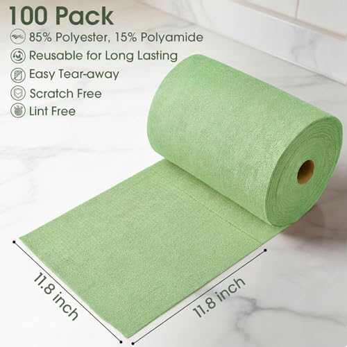 Microfiber Cleaning Cloth Roll - 100 Pack Tear Away Microfiber Paper Towels, Reusable, Washable, Scratch-Free, Kitchen Towels for Car, Home, Kitchen, Glass, Dishes(Bean Green) - color: Bean Green