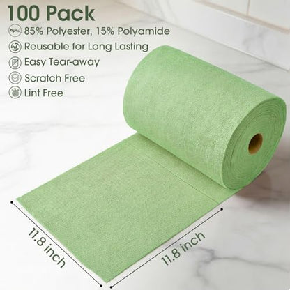 Microfiber Cleaning Cloth Roll - 100 Pack Tear Away Microfiber Paper Towels, Reusable, Washable, Scratch-Free, Kitchen Towels for Car, Home, Kitchen, Glass, Dishes(Bean Green) - color: Bean Green