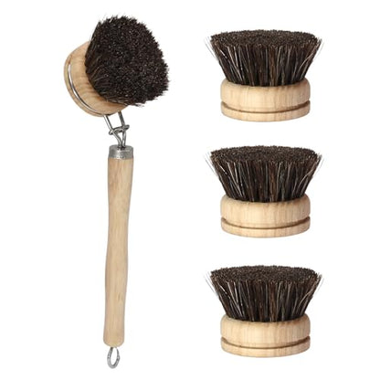 Wooden Dish Brush Set, 4 Natural Bristle Replacement Heads with 1 Sturdy Wooden Handle, Horsehair Kitchen Scrub Brush for Pots, Pans, Vegetables and Cookware - size: Soft