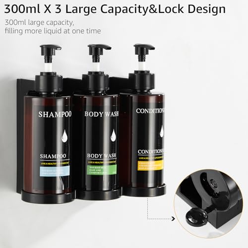 Pollock Shampoo and Conditioner Dispenser Wall Mounted, Shower Soap Dispenser 2 Chamber No Drill, Shampoo Dispenser for Shower, Body Wash Dispenser for Bathroom, Large Capacity, (Brown 3 Chamber) - color: Brown 3 Chamber