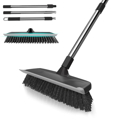 Heavy Duty Floor Scrub Brush with Long Handle, Adjustable Stainless Steel Handle, Stiff Bristles & Rubber Squeegee Scraper, Concrete Floor Scrubber for Cleaning Floor Concrete Deck Hardwood Patio Tile - style: Black+Grey