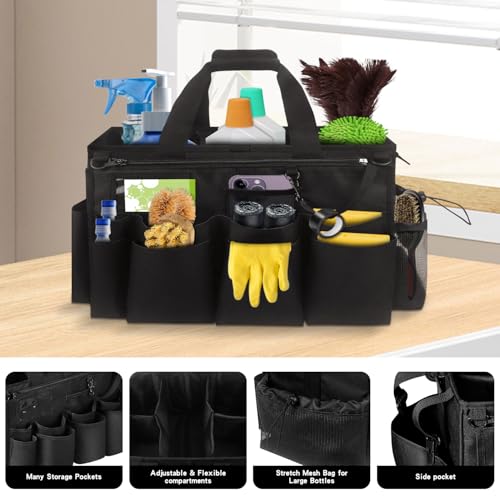 Grekos Wearable Cleaning Caddy Bag, Cleaning Caddy Suppliers Organizer with 4 Foldable Dividers, Handle & Shoulder Straps Cleaning Tool Organizers for Cleaners & Housekeeper (Black) - color: black