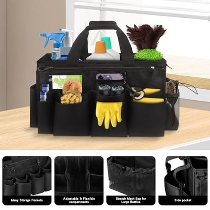 Grekos Wearable Cleaning Caddy Bag, Cleaning Caddy Suppliers Organizer with 4 Foldable Dividers, Handle & Shoulder Straps Cleaning Tool Organizers for Cleaners & Housekeeper (Black) - color: black