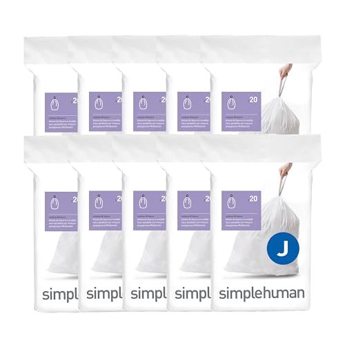 simplehuman Code J 200 Count Custom Fit Liners, Drawstring Kitchen Trash Bags, One-by-One Mess-Free Dispense, Extra Thick & Double Seamed, 50% PCR Plastic, 38-45 Liter / 10-12 Gallon, White - size: 200 Count (Pack of 1)