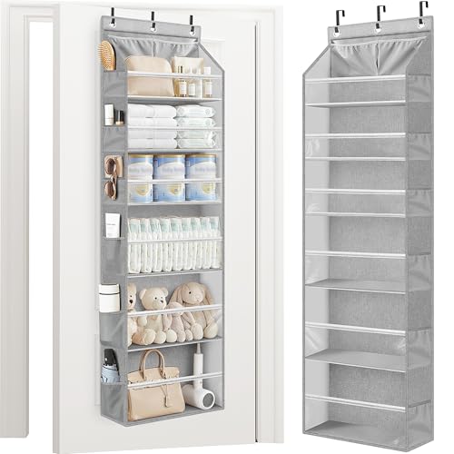 STORAGE MANIAC Over the Door Organizer 6-Shelf Closet Hanging Storage with 14 Mesh Pockets, 66lbs Capacity Clear Deep Pockets Behind Door Storage for Nursery, Bathroom, Bedroom, 1 Pack Grey - color: Grey