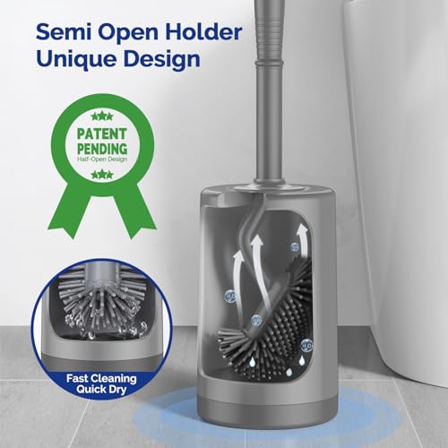 HAMITOR Toilet Bowl Brush Holder Set: Silicone Toilet Cleaner Brush with Curved Design Deep Cleaning Compact Hidden Scrubber for Bathroom Small Space - Modern Rv Toilet Decor Accessories - Gray