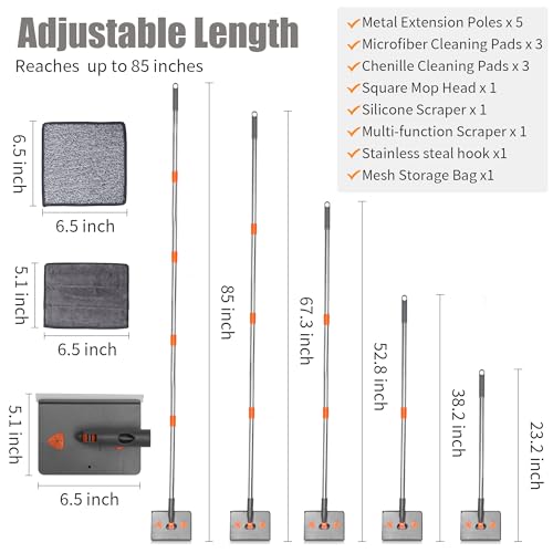 85” Baseboard Cleaner Tool with Handle and Hooks, 180° Rotating Wall Cleaner with Convex Design, Wall Mop with 6 Reusable Pads to Clean Wall, Window, Floor and Ceiling with Extension Poles - size: Rectangular