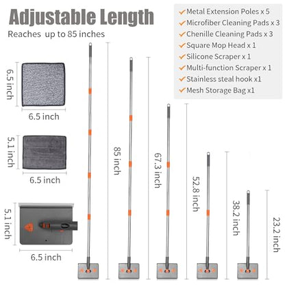 85” Baseboard Cleaner Tool with Handle and Hooks, 180° Rotating Wall Cleaner with Convex Design, Wall Mop with 6 Reusable Pads to Clean Wall, Window, Floor and Ceiling with Extension Poles - size: Rectangular